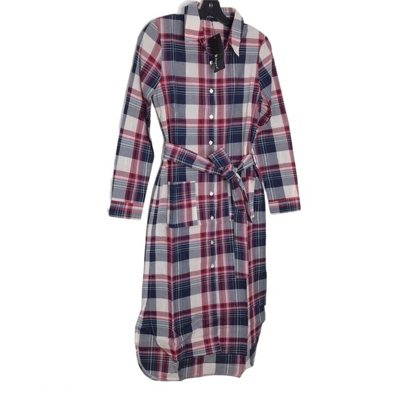 ALLEGRA K PLAID MIDI BELTED SHIRT DRESS 100% Cotton XSMALL NEW - Picture 2 of 14
